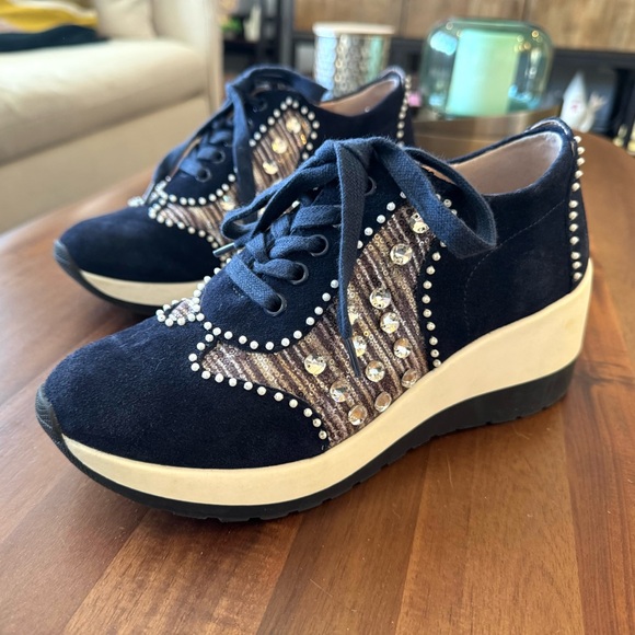 Desigual Shoes - Desigual Wedge Pearl Suede Trainers with Crystal & Pearl Detail